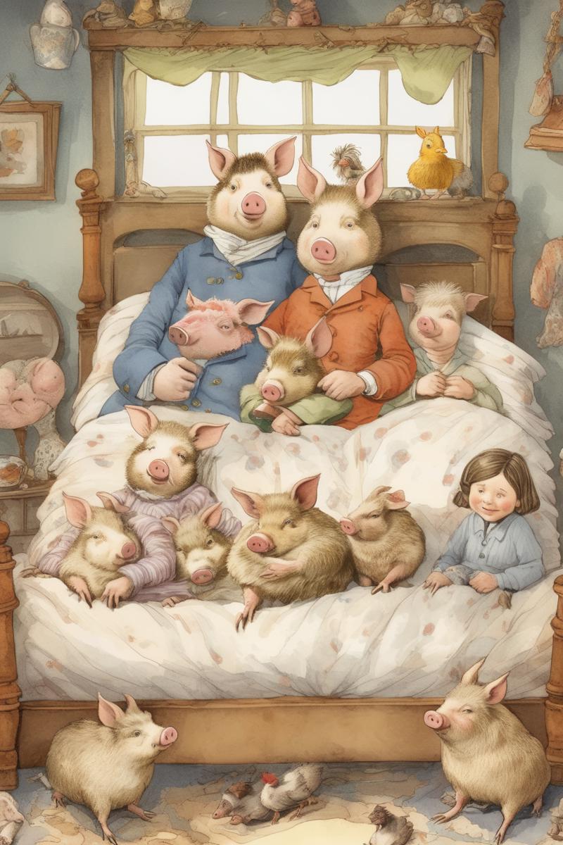 00222-1586368369-_lora_Randolph Caldecott Style_1_Randolph Caldecott Style - dirty caucassian family laying in bed, wearing pajamas. In the same.png